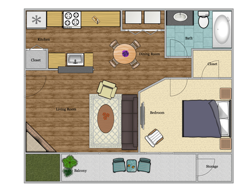 Floor plan for 1 bed, 1 bath, 507 sqft
